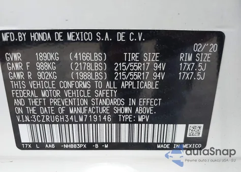 2020 Honda Hr-V Awd Lx z USA, uszkodzony, nr VIN 3CZRU6H34LM719146